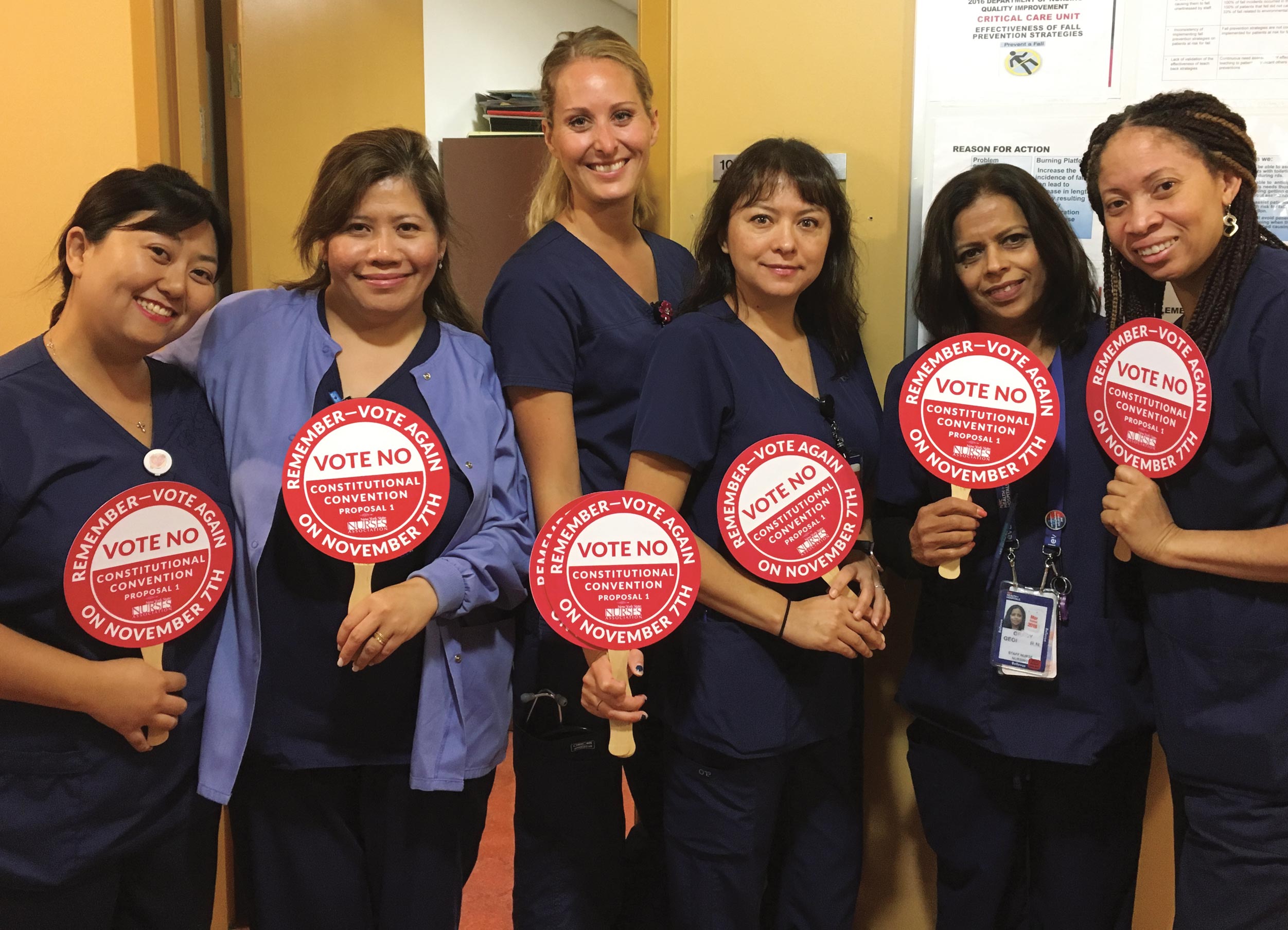 There is no turning back. Nurses at Bellevue Hospital display signage that became ubiquitous in the winning campaign against the Con Con.