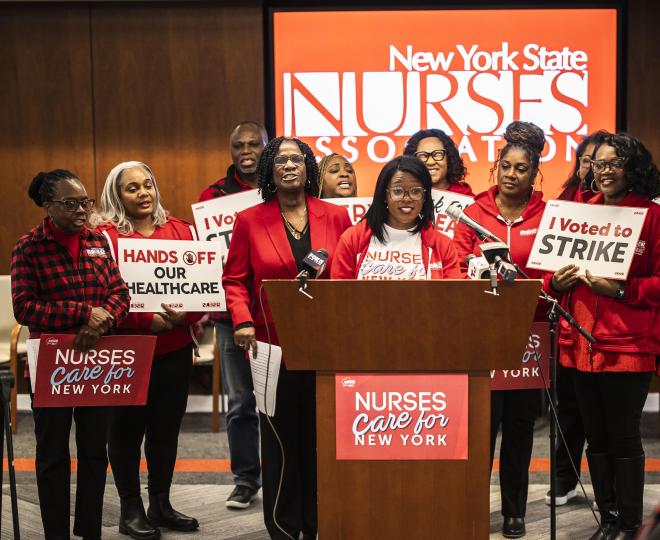Nurses announcing the results of strike authorization votes across NYC