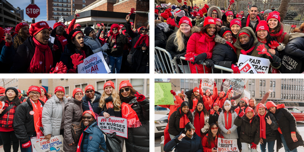Collage of Montefiore and Mount Sinai nurses on the picket line