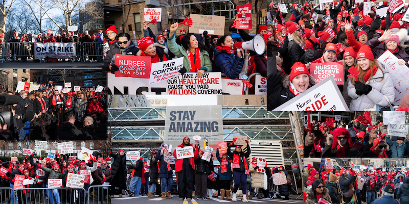 Collage of photos from the 2026 NYC Nurses' Strike