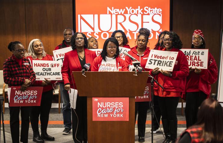 Nurses announcing the results of strike authorization votes across NYC