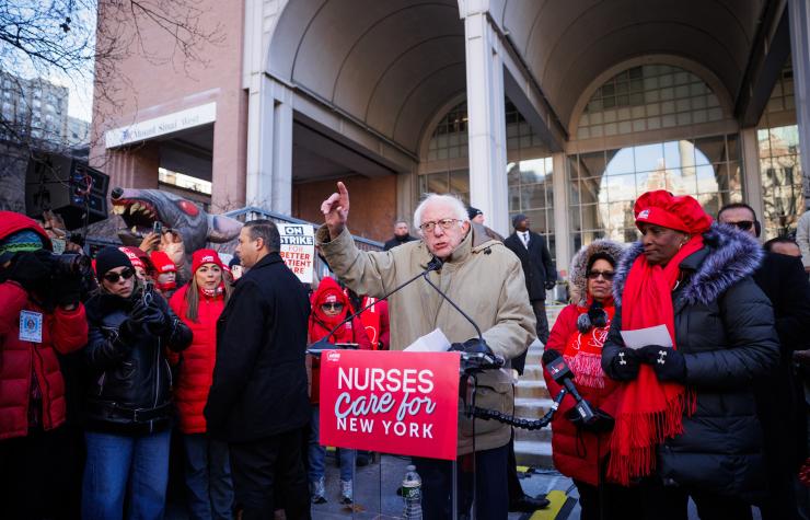 Bernie Sanders speaks at a presser in support of striking NYC nurses