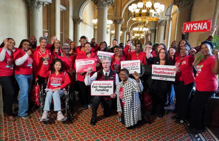 NYSNA nurses pose for a photo after their 2026 Lobby Day press conference