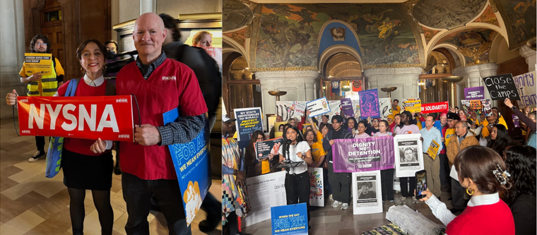 Collage of NYSNA members at a rally in support of the NY for All Act