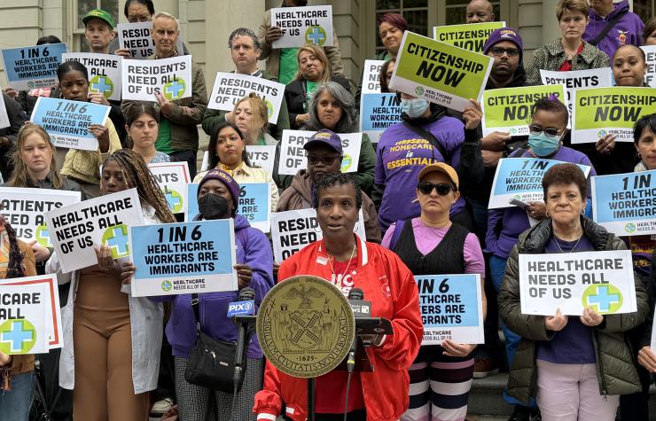NYSNA President Nancy Hagans, RN, BSN, CCRN, spoke alongside labor leaders and elected officials on the steps of City Hall.