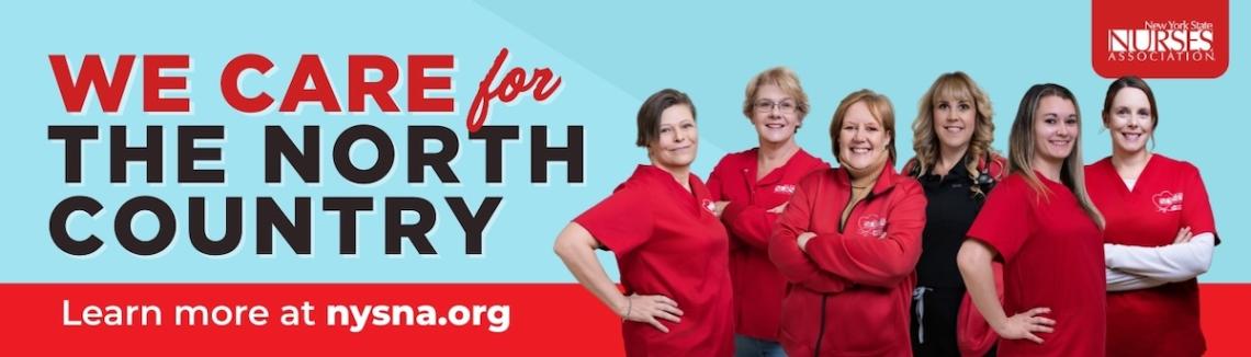 Billboard ad with 6 smiling nurses and the logo "we care for the north country"
