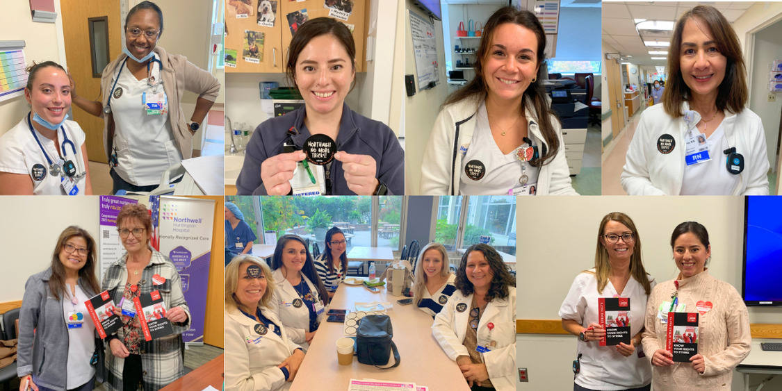 Collage shows a variety of nurses from Huntington Hospital posing with Halloween-themed stickers that say "Tell Management: No More Tricks"