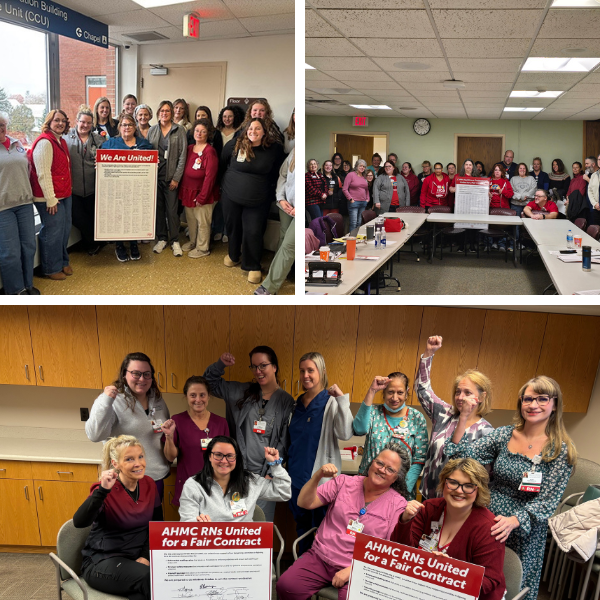 Collage of nurses from Alice-Hyde Medical Center, Carthage Area Hospital, Claxton-Hepburn Medical Center, and CVPH delivering bargaining platform petitions