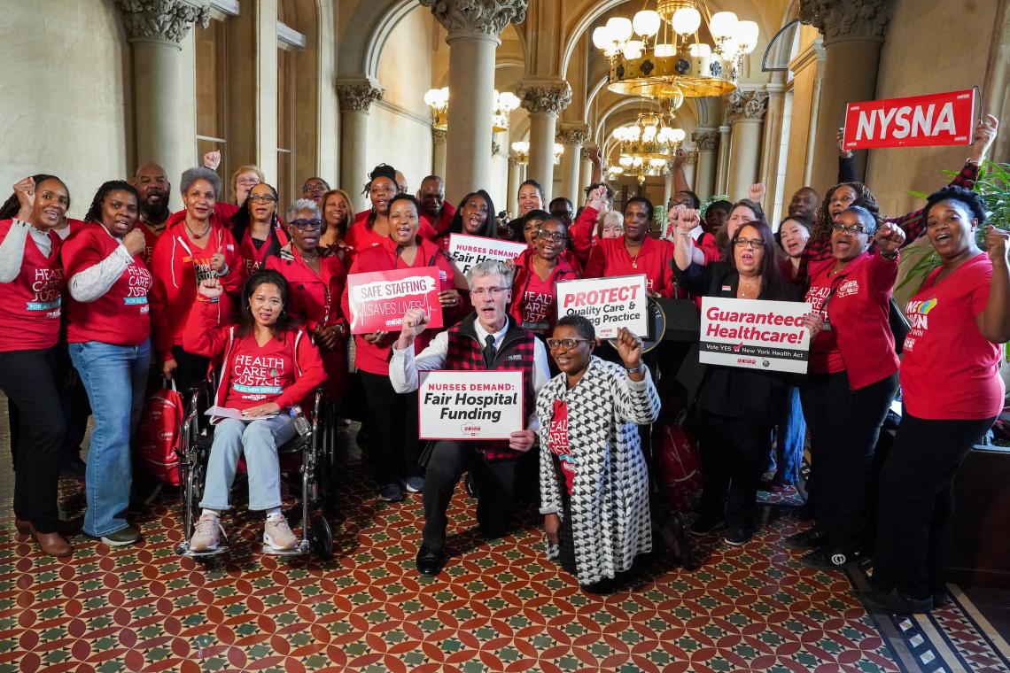 NYSNA nurses pose for a photo after their 2026 Lobby Day press conference