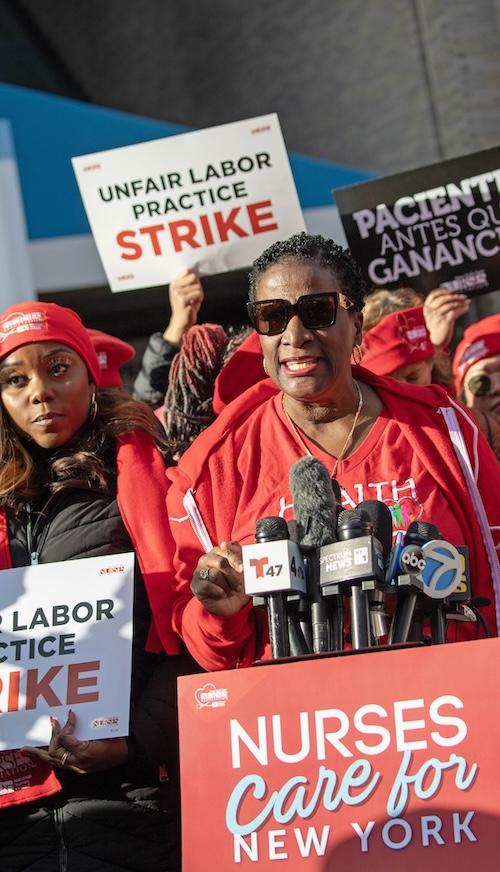 NYNSA President Nancy Hagans, BSN, RN, CCRN on the strike line at Mount Sinai