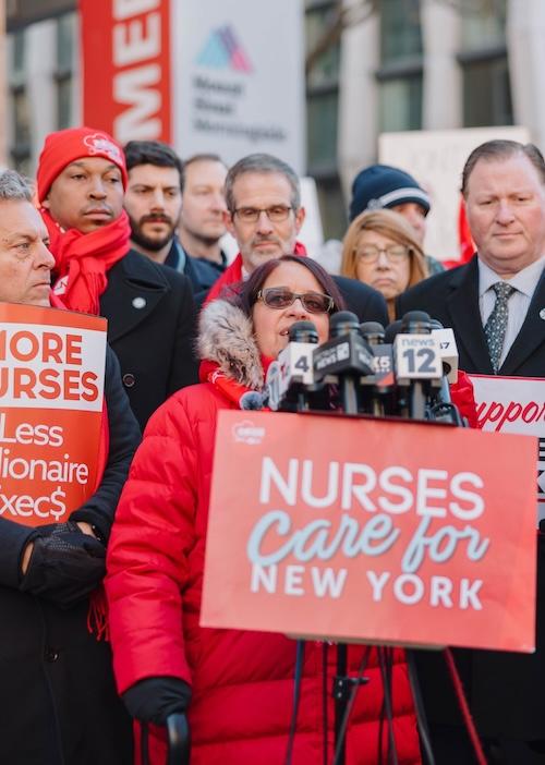 NYSNA Executive Director Pat Kane, RN, CNOR(E) during the 2026 NYC Nurse Strike