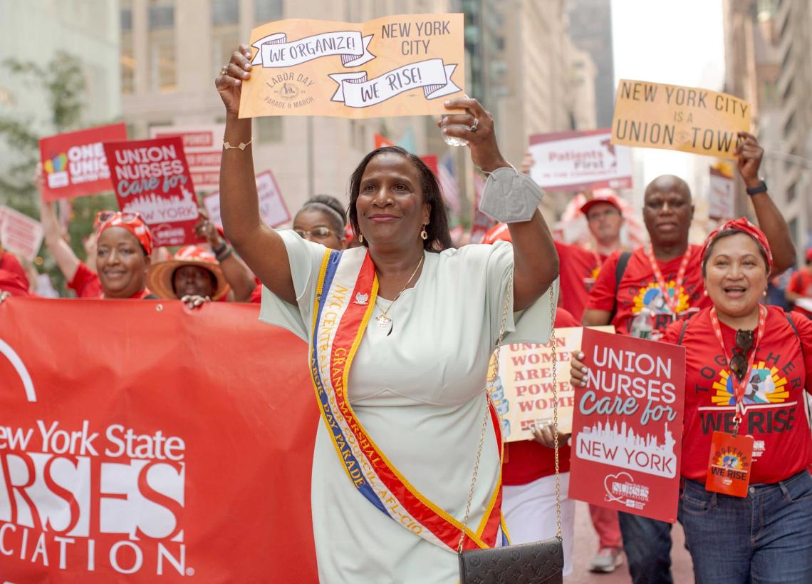 NYSNA President Nancy Hagans, RN, BSN, CCRN, Grand Marshaling the 2023 New York City Labor Day Parade