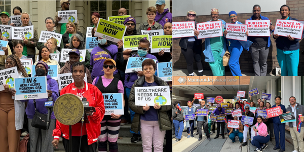 NYSNA President Nancy Hagans, RN, BSN, CCRN, spoke alongside labor leaders and elected officials on the steps of City Hall. Nurses stand with pro-immigration signs outside their facilities.