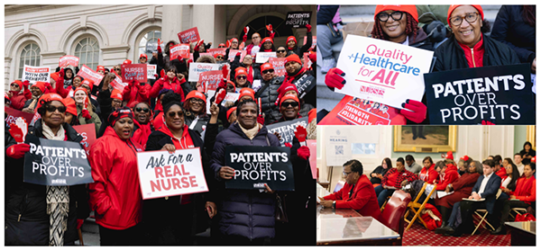 Collage of photos from nurses rallying at NYC City Hall