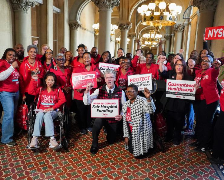 NYSNA nurses pose for a photo after their 2026 Lobby Day press conference
