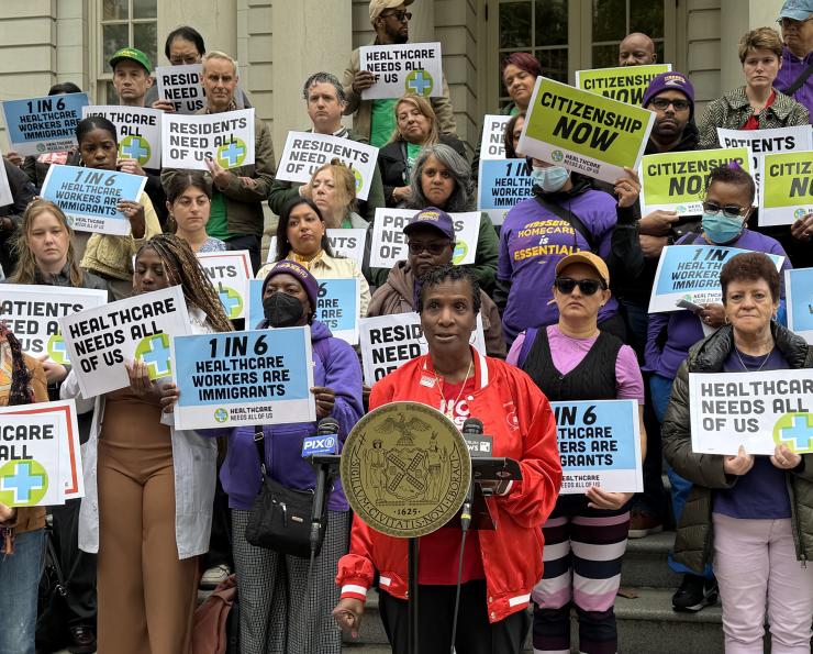 NYSNA President Nancy Hagans, RN, BSN, CCRN, spoke alongside labor leaders and elected officials on the steps of City Hall.