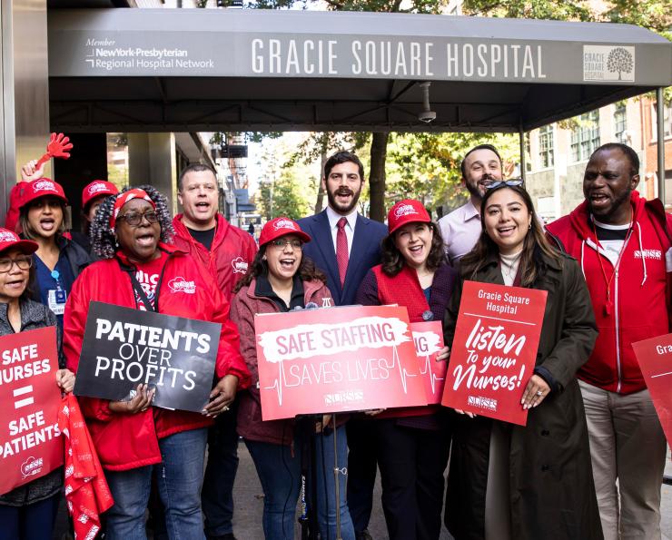 Gracie Square Hospital nurses and elected officials hold an informational picket outside the hospital