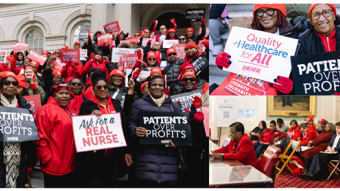 Collage of photos from nurses rallying at NYC City Hall