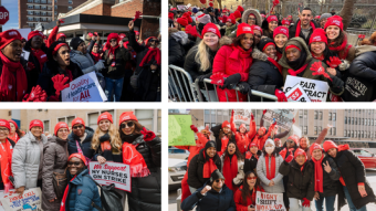 Collage of Montefiore and Mount Sinai nurses on the picket line