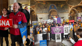 Collage of NYSNA members at a rally in support of the NY for All Act