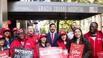 Gracie Square Hospital nurses and elected officials hold an informational picket outside the hospital