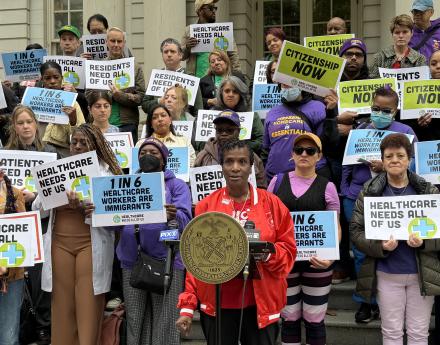 NYSNA President Nancy Hagans, RN, BSN, CCRN, spoke alongside labor leaders and elected officials on the steps of City Hall.