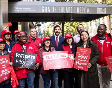 Gracie Square Hospital nurses and elected officials hold an informational picket outside the hospital